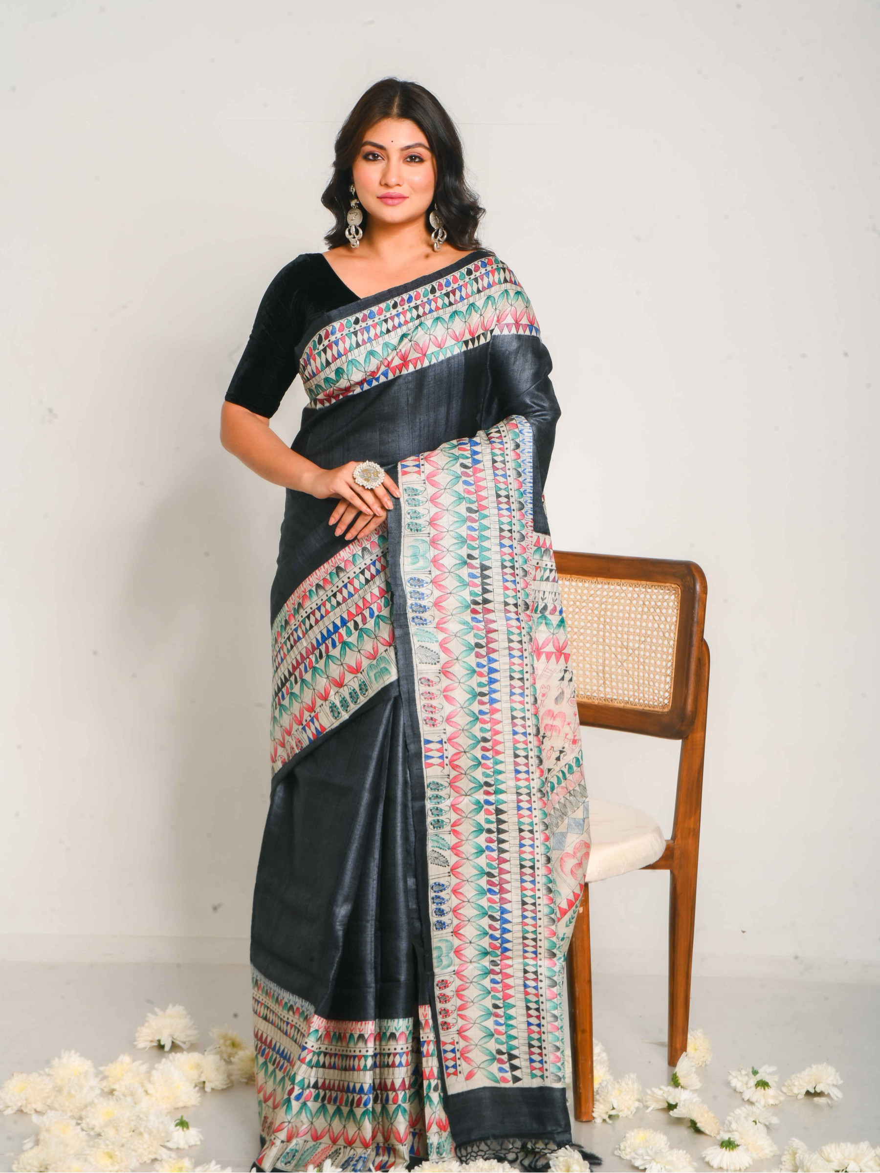 Madhubani Hand Paint Tussar Saree in Shades of Black - BSHP31